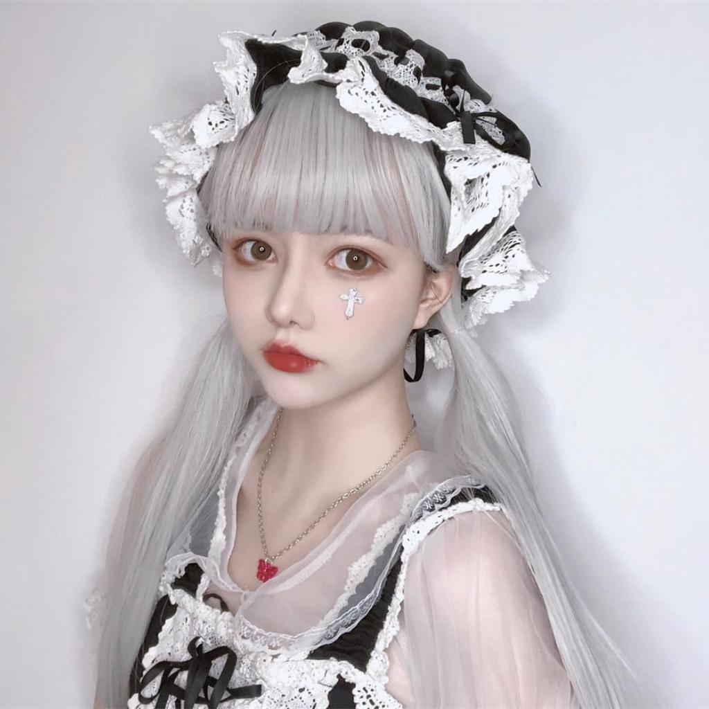 Парик Akixen Лолита Длинный Прямой Двойной Хвостик Серебристо-Белый Парик Снежная Ночь Детский Стишок Стиль Харадзюку Маленькое Лицо Термостойкий Косплей Сетка Для Волос Мода