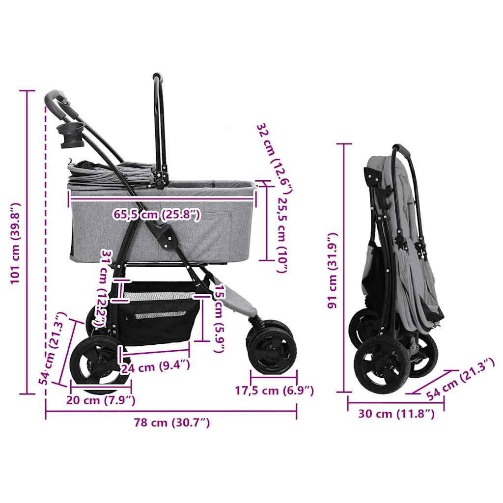 Foldable Pet Stroller Gray 78 x 54 x 101 cm Polyester