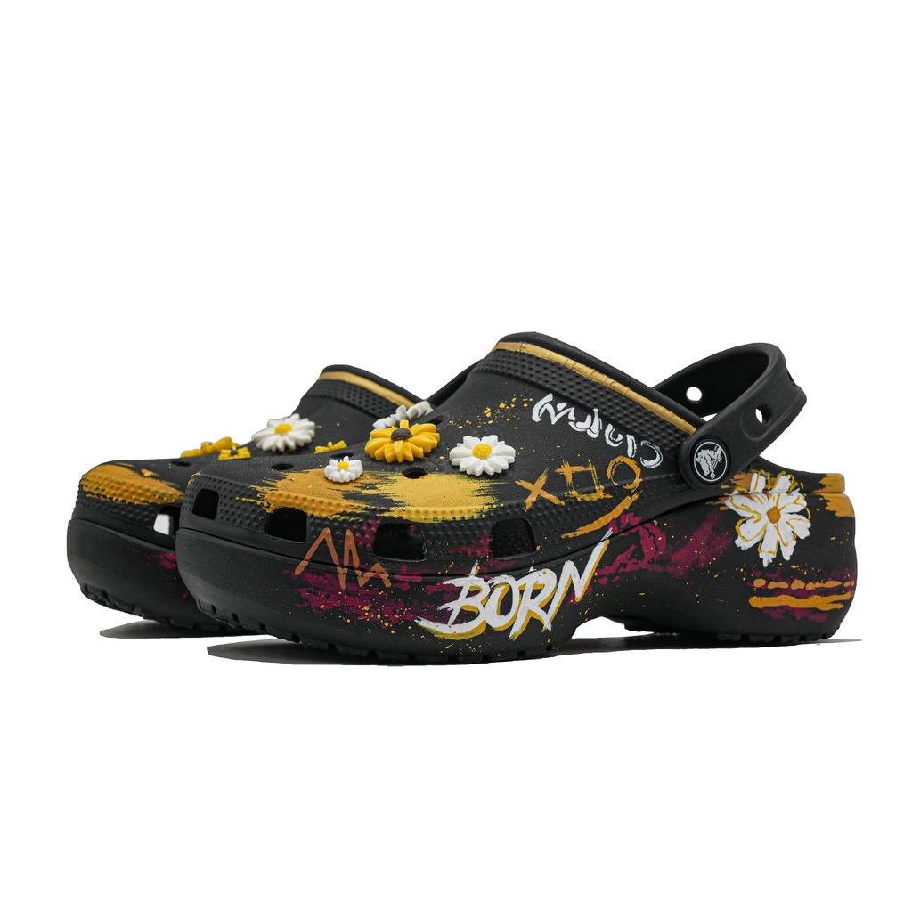 Crocs Classic Platform Clog Graffiti Awakening Comfortable Versatile Three-dimensional Flower Hole Shoes Unisex Black