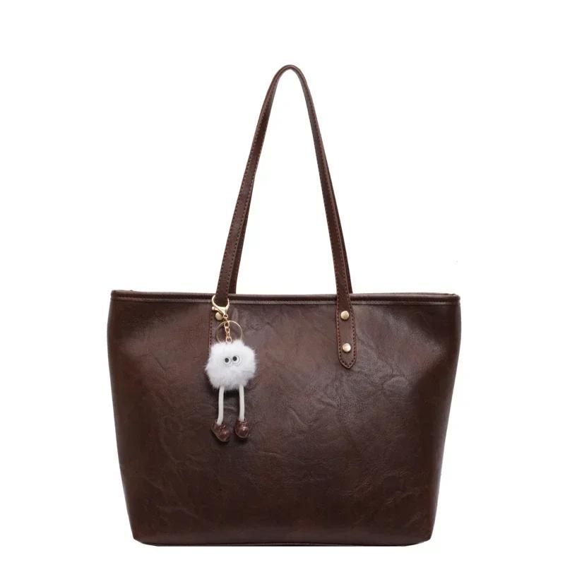 Solid Color Pu Zipper High-end Retro Shoulder Bag Women's  New Trendy Autumn Sewing Thread Large Capacity Tote Commuter Bag