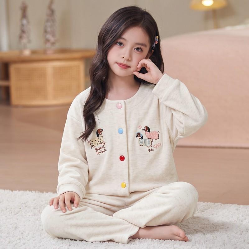 Girls Winter Pajama Set Long Sleeve Cartoon Print Soft Warm Fleece Sleepwear Kids 8 Years Home Wear