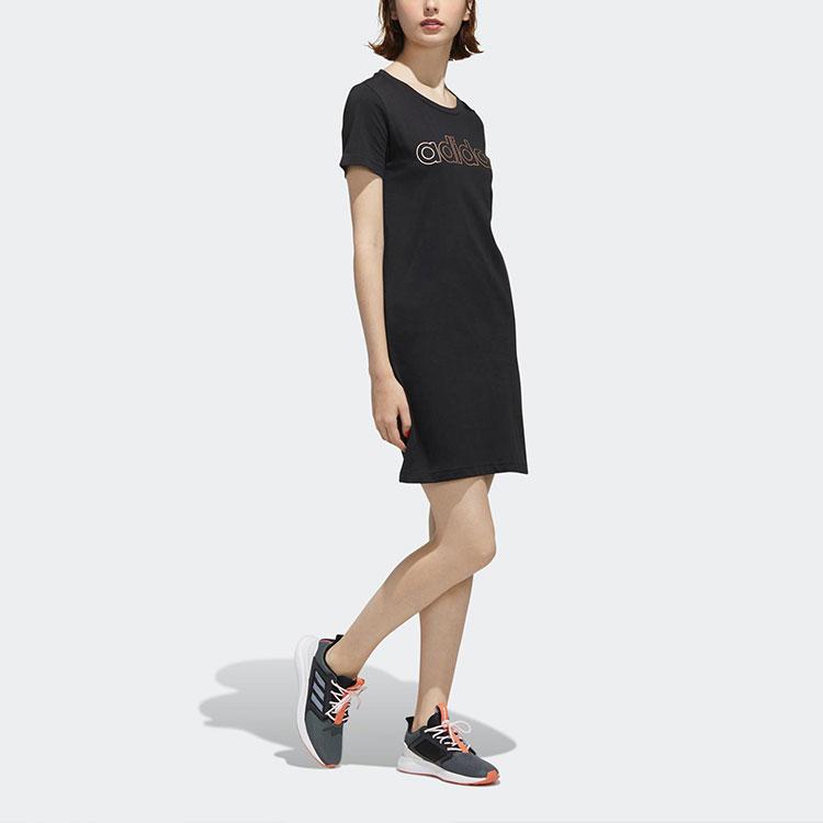 adidas Удобное свободное платье с круглым вырезом и коротким рукавом с логотипом, женские платья черного цвета FL0141