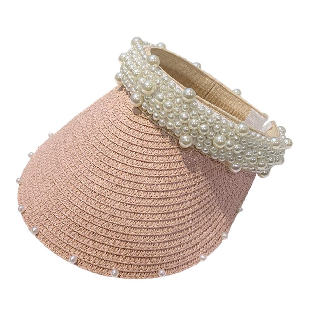 Wide Brim Sun Hat Pearl Decorated Straw Hat Imitation Pearl Beach Hat UV Protection