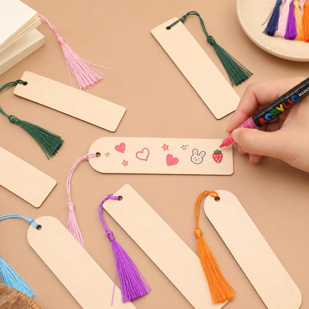 25/50PCS DIY Blank Craft Tags Set with Tassels Unfinished Rectangular Thin Chips for Painting Writing Wooden Handmade Bookmarks