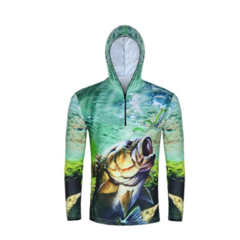 Mens Long Sleeve Hooded Fishing Shirt UV Protection Breathable Quick Dry Outdoor Sportswear