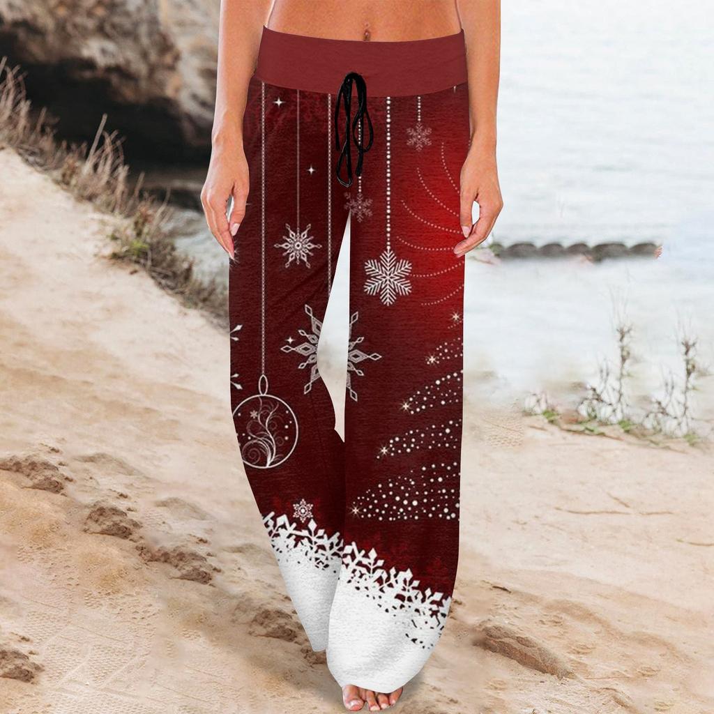 Women's Comfy Pajama Pants Pocket Christmas Print Drawstring Wide Leg Pants