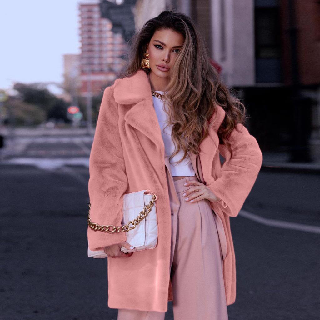 2024 Весна Осень Блейзер Воротник Пальто Из Искусственного Меха Женская Розово-Красная Пушистая Куртка Laides Повседневная Плюшевая Верхняя Одежда Заводская Распродажа Средней Длины Плюс Размер