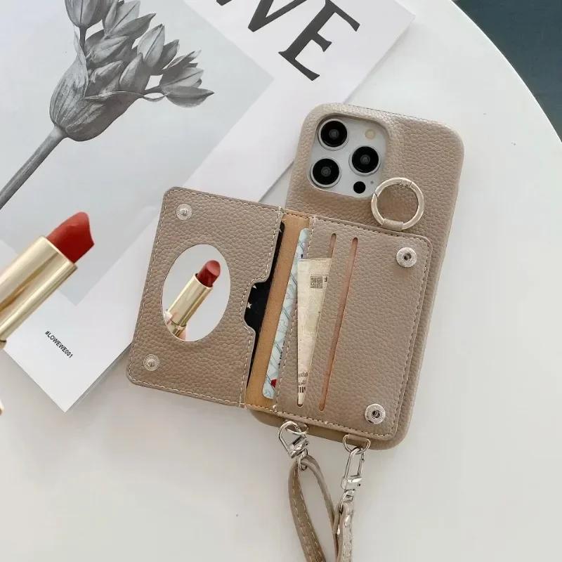 Ring Holder Mirror Crossbody Case For iPhone 13 12 Mini 15 14 11 Pro XS Max X XR 7 8 Plus Card Slot Wallet Lanyard Leather Cover