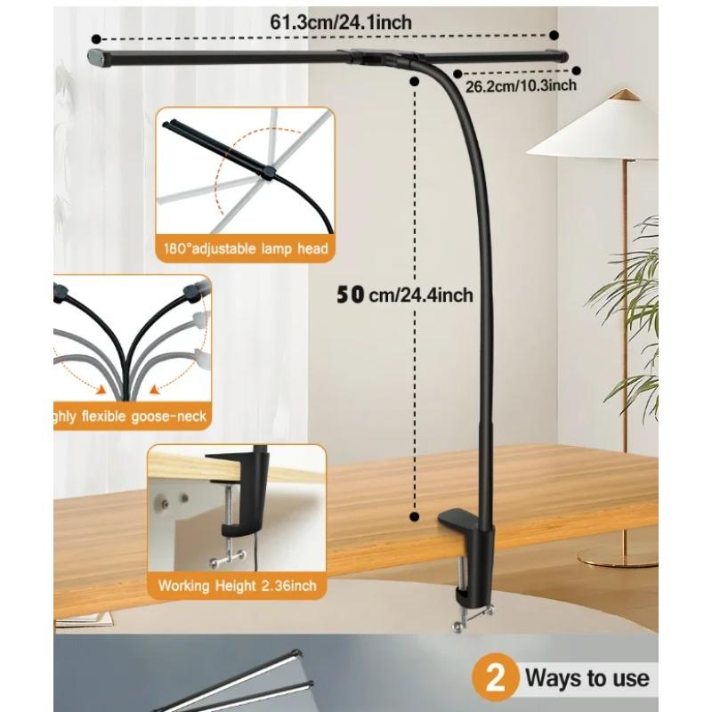 LED Double/Single Head Reading Desk Lamp Foldable Swing Arm Table Lamp with Clip Dimmable Workstation Office PC Eye Protection