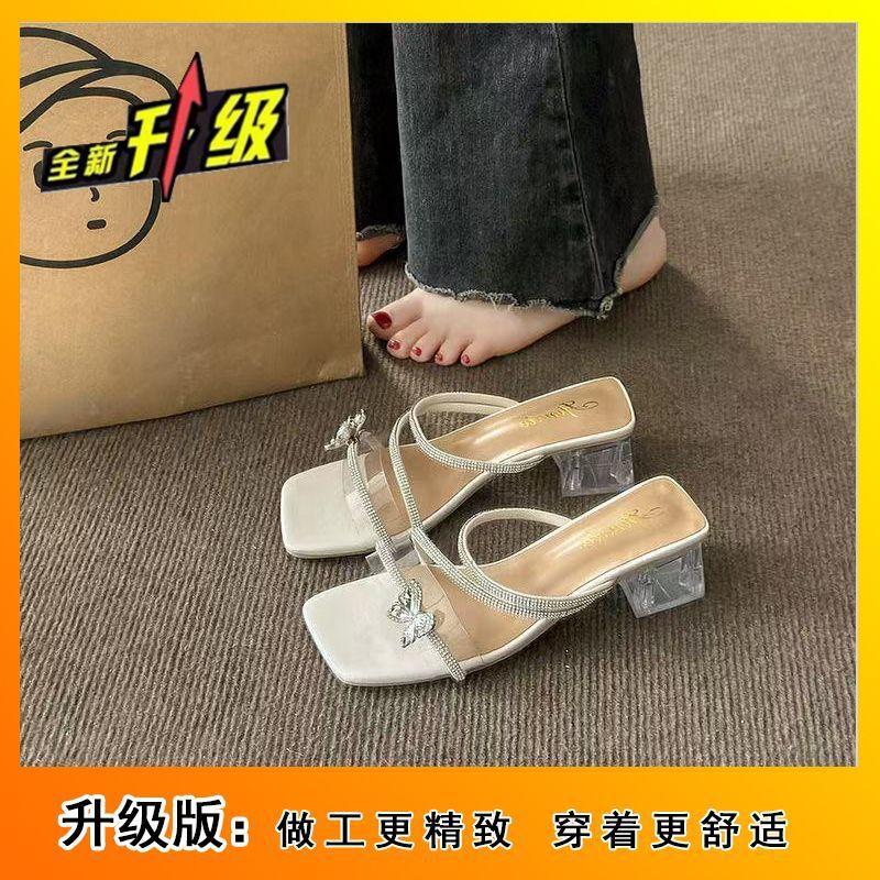 Wear square head one-word drag Internet celebrity popular female bow rhinestone crystal sandals 2025 new high-end Korean version