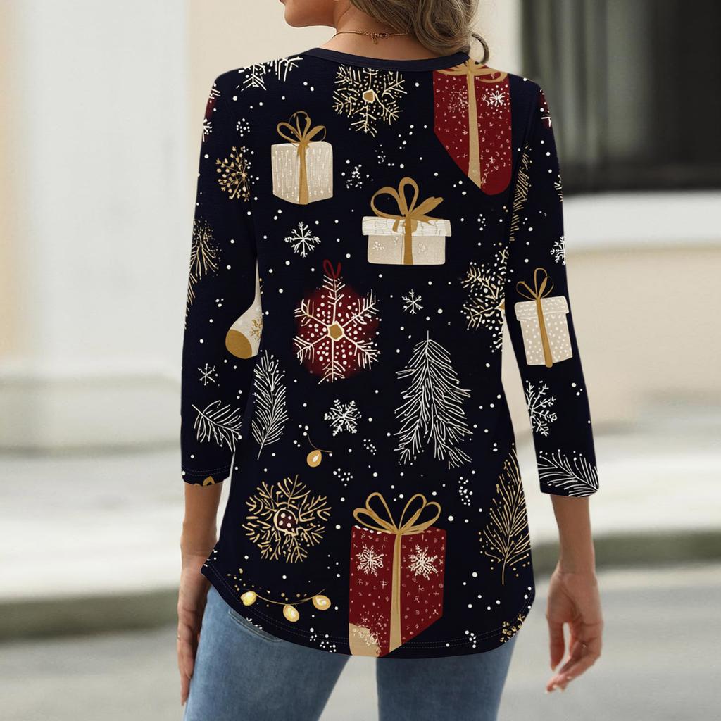 Женская модная повседневная футболка с принтом рождественской елки, V-образным вырезом, декоративными пуговицами и рукавом три четверти