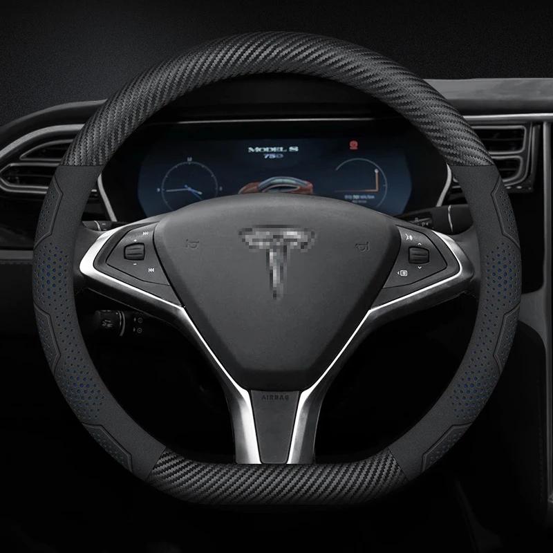 Чехол на руль из углеродного волокна, замши, микрофибры для Tesla Model 3 Model Y Model S Model X, противоскользящий автомобильный аксессуар
