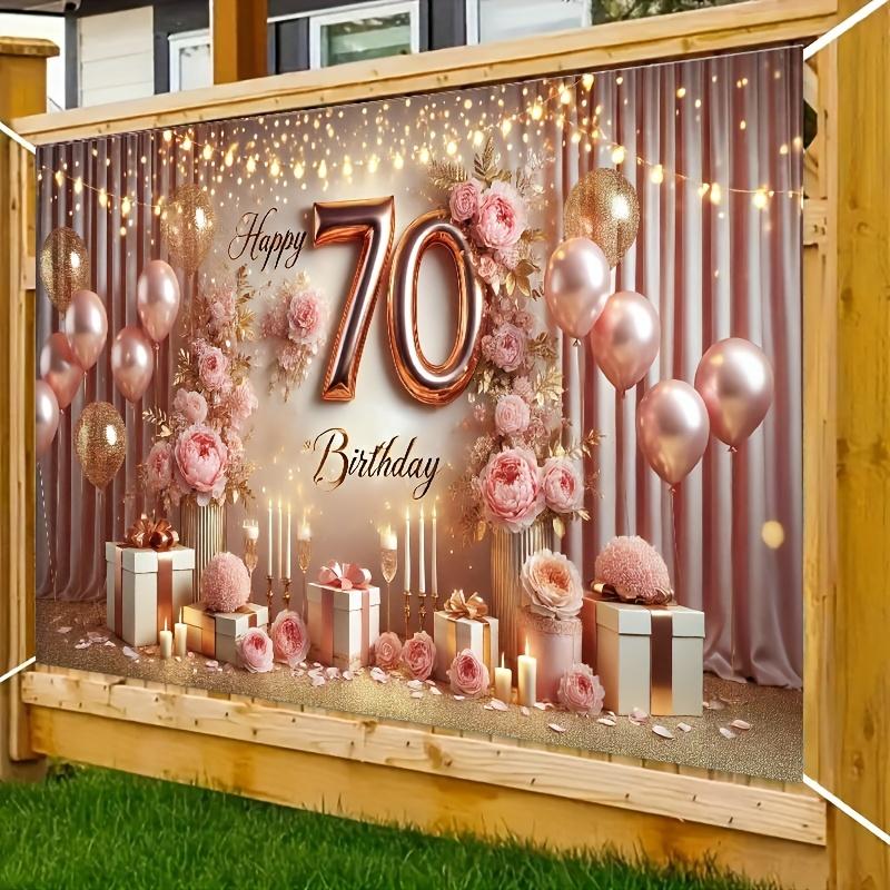 Элегантный фон для вечеринки в честь 70-летия - розовато-красный и розовый цветочный дизайн с шарами, свечами и подарочными коробками
