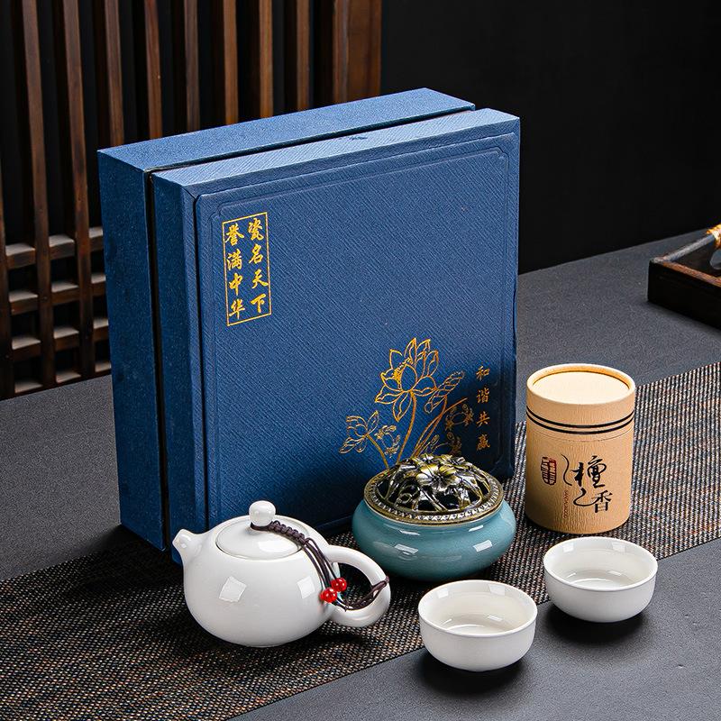 Guochao Ceramic Tea Set, One Pot, Two Cups and Four Cups Travel Gift Box Set.