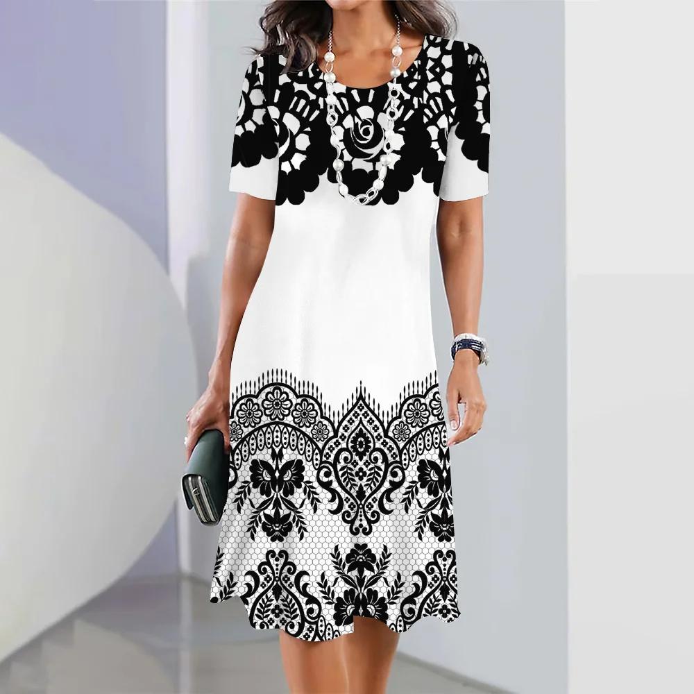 Женские платья 3D Color Blocking Printing Dress Элегантные топы с короткими рукавами Одежда Ретро-юбка А-силуэта Вечерняя красочная одежда