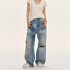Mens Distressed Wide Leg Denim Pants Vintage Washed Loose Fit Straight Cut Casual Jeans
