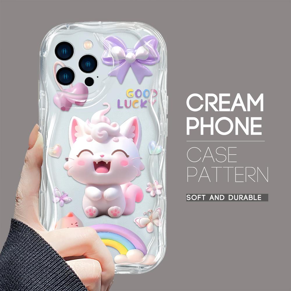 For iPhone 16 15 14 13 12 Samsung S24 S23 S22 A06 A13 A14 A15 A16 A55 Redmi Note 13 12 Lovely Cartoon Cat Pattern Soft Shockproof Wave Edge Phone Case