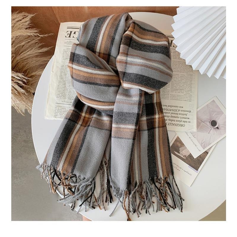 Осенне-зимний клетчатый шарф для женщин, теплая женская шаль с кисточками из искусственного кашемира