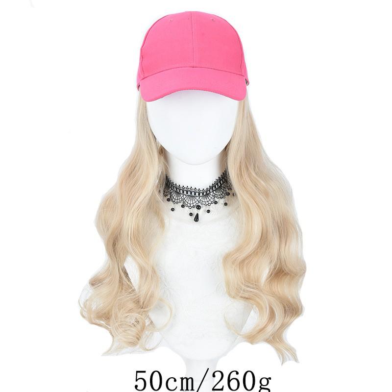 Womens Wig Hat Combo Long Wavy Curly Hair Rose Red Baseball Cap Sun Protection
