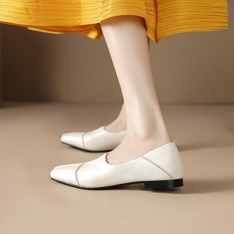 Fashion Cow Leather Square Toe Women Low Heel Casual Loafers Women Shoe Without Heel 2025 Spring Autumn Mules Woman Simple White Shoes