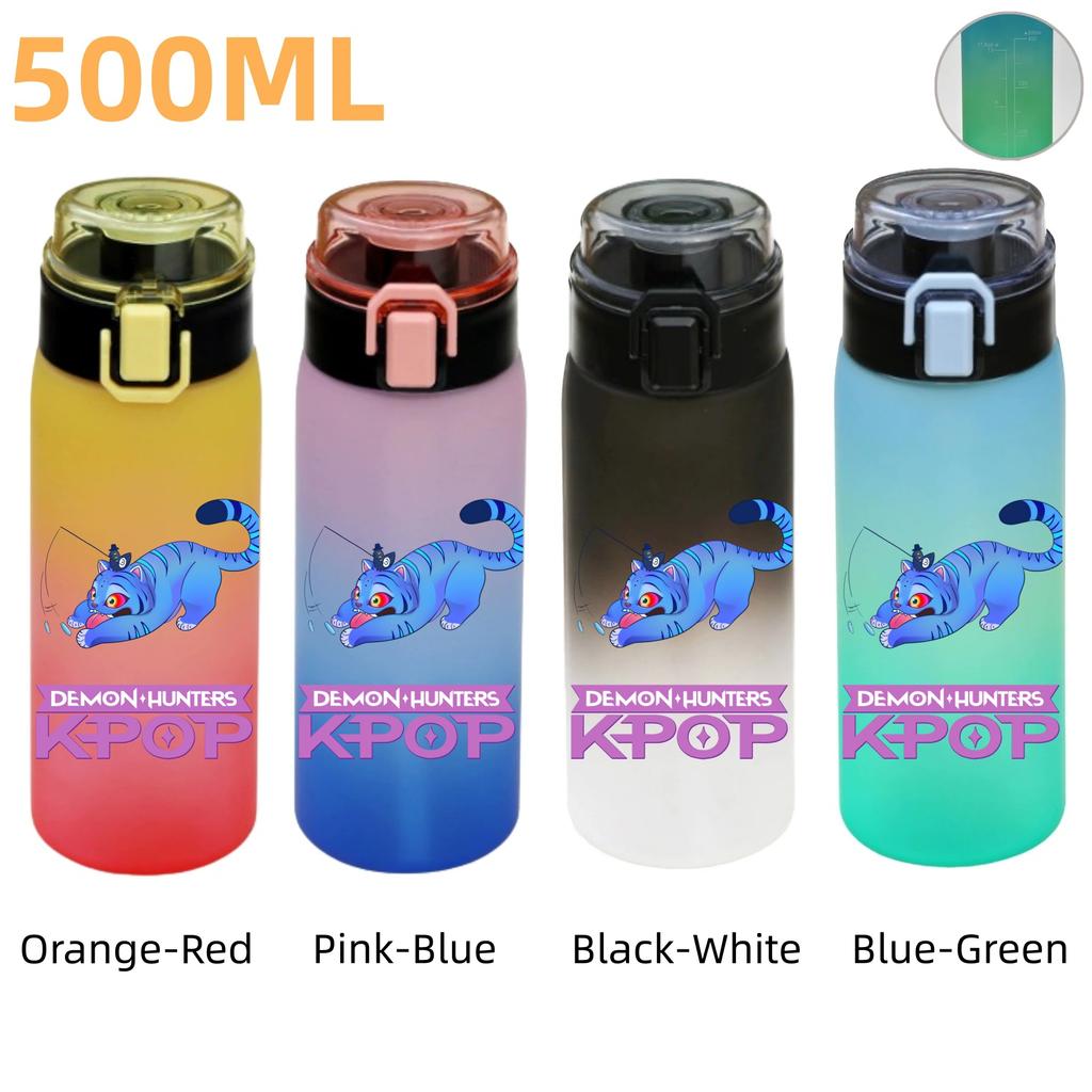 500ML KPop Demon Hunters Plastic Anime Water Cup Has Scale Travel Office Gym Hiking Portable Drink Bottles Outdoor Sport Gifts