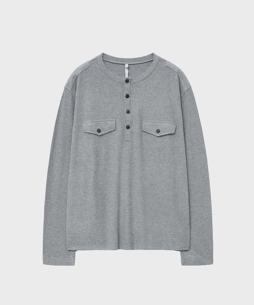 NOIRER Ribbed Henley Neck Long Sleeve T-Shirt (Gray)