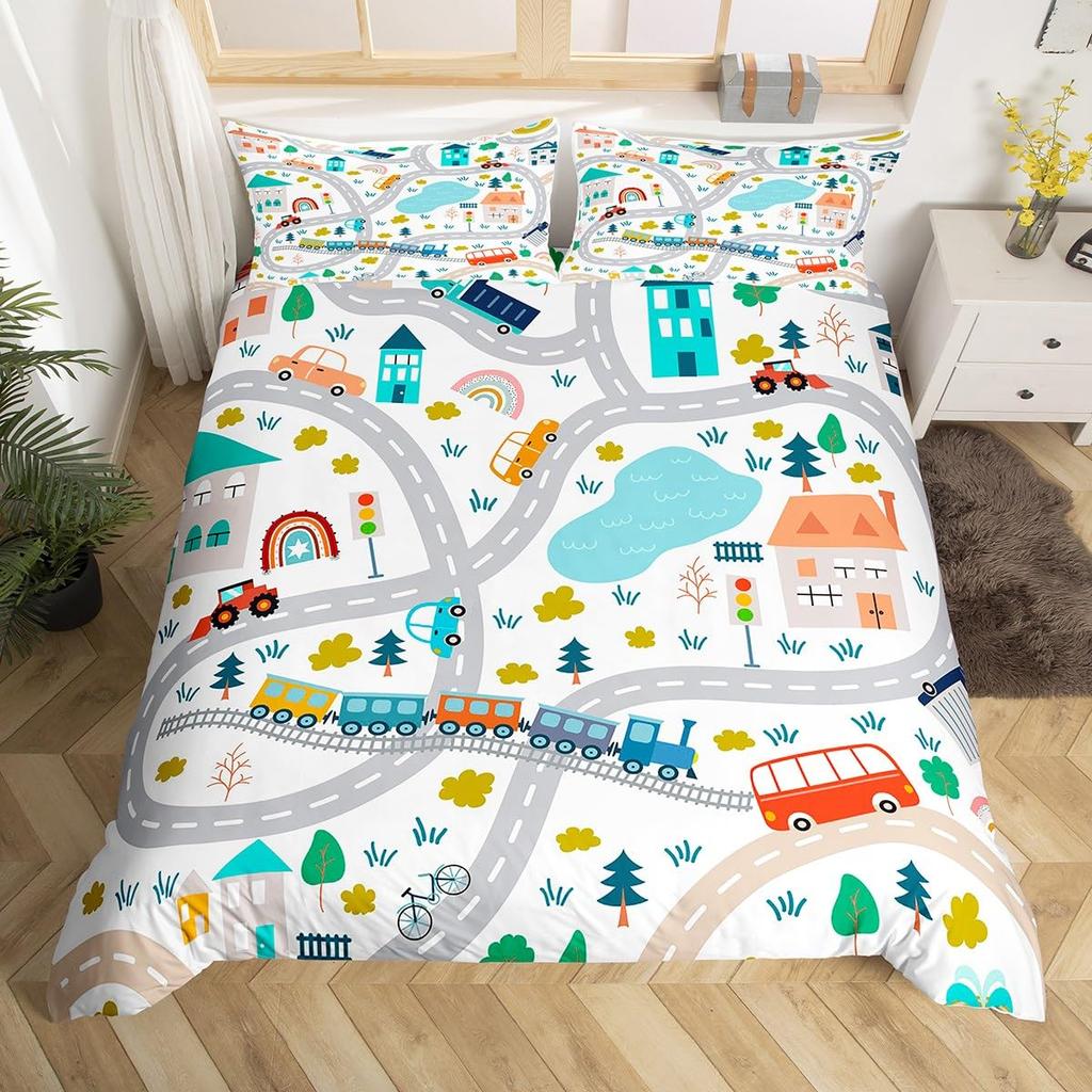 Comforter Cartoon Truck Twin City Landscape Bedding Set Hand Drawn Cartoon Vehicles City Map Railway Train Comforter