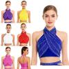 Womens Latin Dance Top Halter Sleeveless Strappy Backless Design Shiny Rhinestones Cross Front Ruched Mesh Crop Top