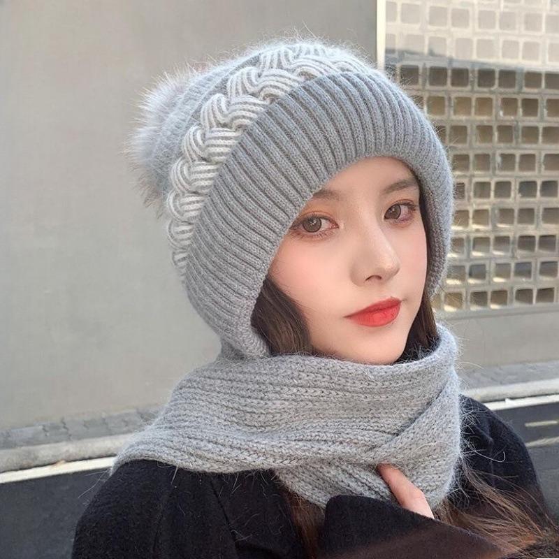 Autumn and Winter Fashion Scarf Hat One-Piece Cute Versatile Knitting Hat Women Ear Protection Neck Brace Thickened for Keep Warmth Knitting Hat