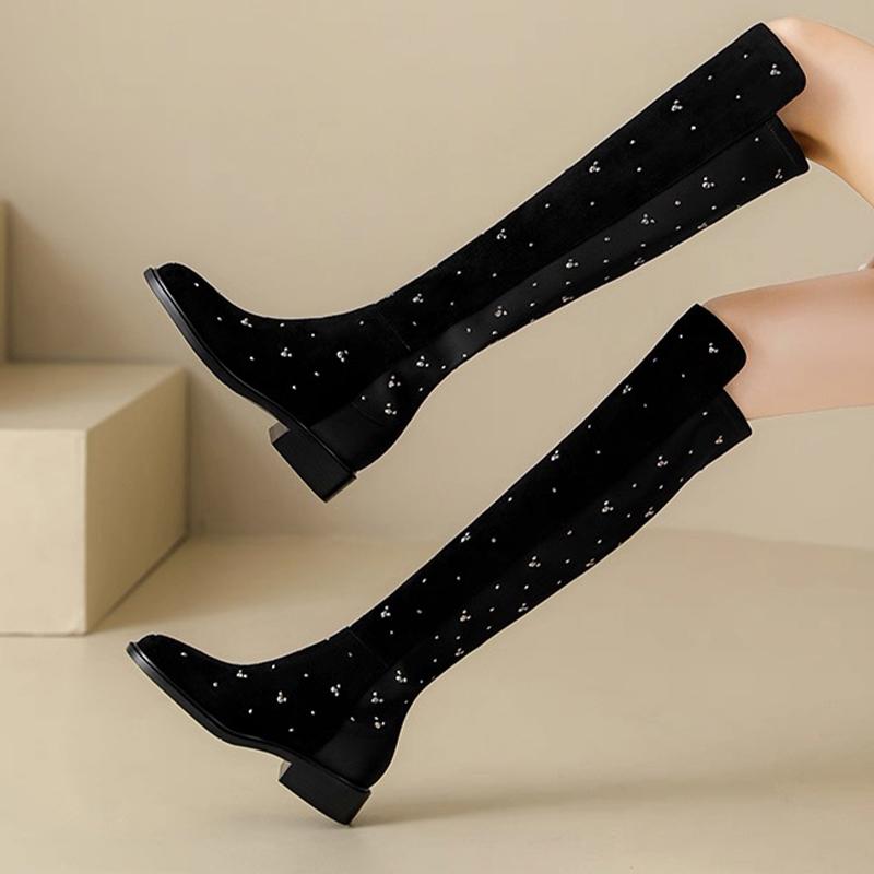 Хрустальные высокие сапоги для женщин Модные туфли на каблуке Зимние ботфорты челси 2025 Новые повседневные кроссовки для женщин