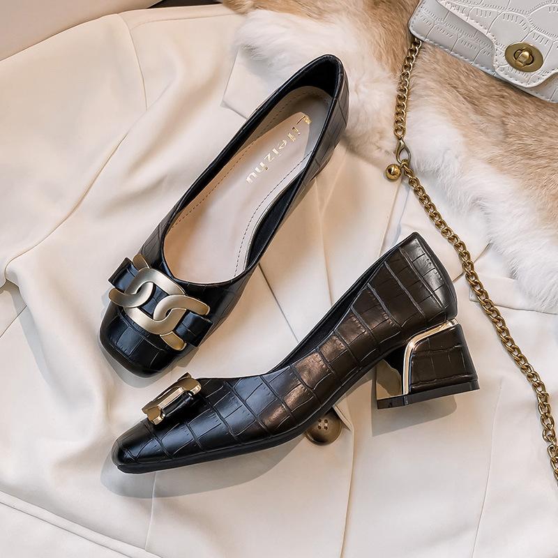 Shoes for Women Fashion Pumps New OL Leather Square High Heels Shoes Ladies Metal Decoration Leather Casual Shoes 35-43