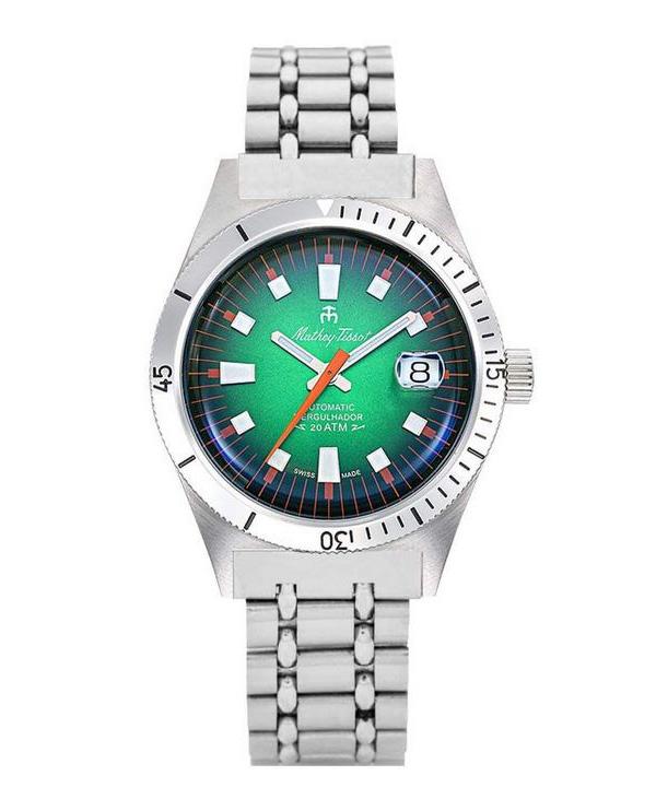 Mathey-Tissot Мужские часы Mergulhador MRG2 200M из нержавеющей стали с зеленым циферблатом и автоматическим механизмом для дайвинга с дополнительным ремешком