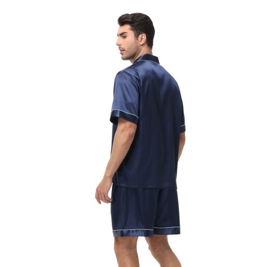 2Pcs/Set Men Pajamas Set Lapel Short Sleeve Single Breasted Tops Elastic Waist Shorts Set Solid Color Satin Sleepwear