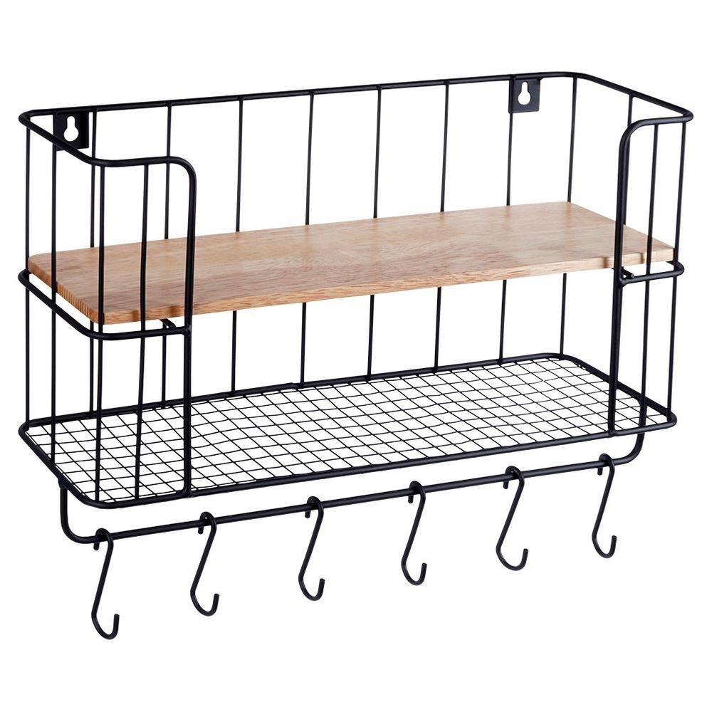 Black Wall Shelf with Hooks 41x12cm
