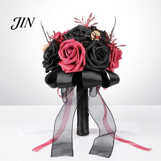 Spooky Wedding Bouquet Gothic Bride Bouquet, Artificial Black Red Rose Flower Party Floral Centerpiece with Skeleton Hand Pumpkin Skull for
