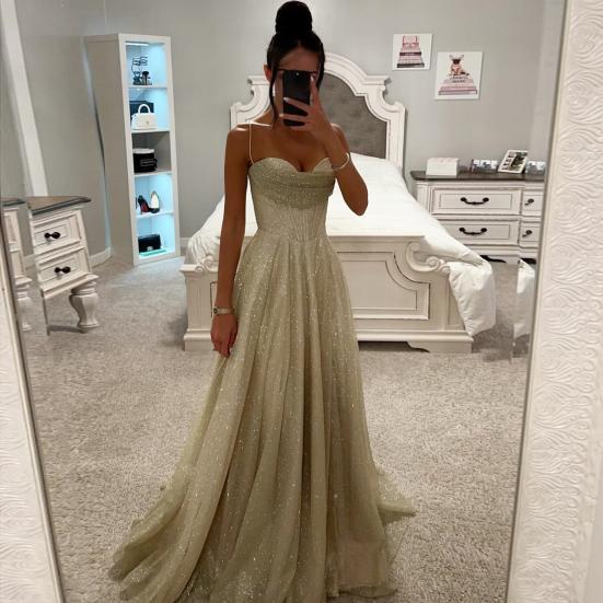 Bridal Wedding Dress Prom Party Evening Dress Backless Spaghetti Strap Sequin Sleeveless A-line Floor Length Ball Gown Pleated Low-cut Cocktail Dress