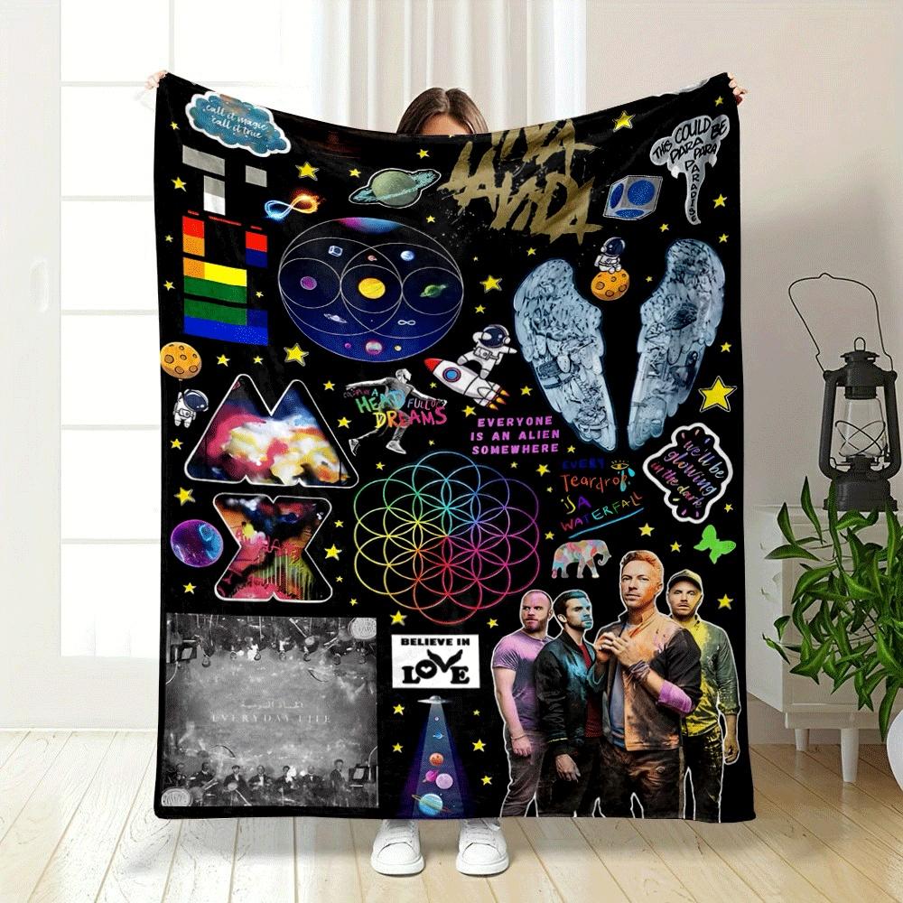 The picture features a cosmic, colorful collage with celestial and artistic motifs. for all seasons blanket lunch break throw gift
