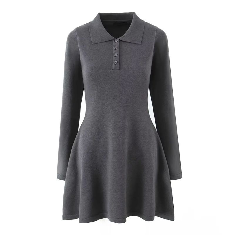 Autumn New Women Clothes American Retro Style Simple Polo Collar Long Sleeve Short A Word High Waist Knitted Dress