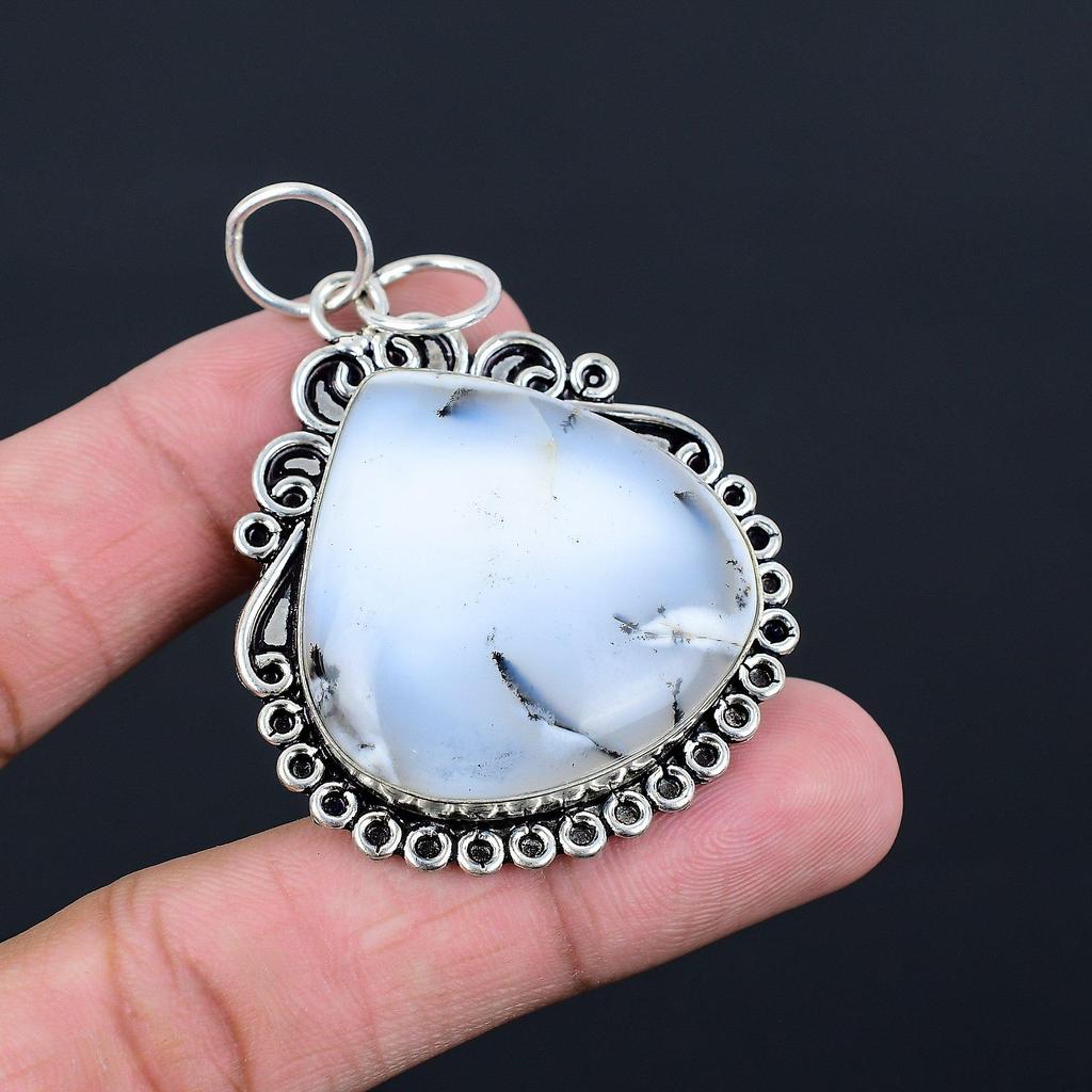 925 Sterling Silver Pear Dendrite Opal Stone Boho Bezel Mother Wedding Pendant