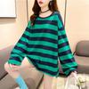 Весенне-осенние повседневные футболки большого размера для женщин с длинным рукавом, корейские студенческие футболки в фиолетовую зеленую полоску, модная универсальная женская одежда, простая футболка