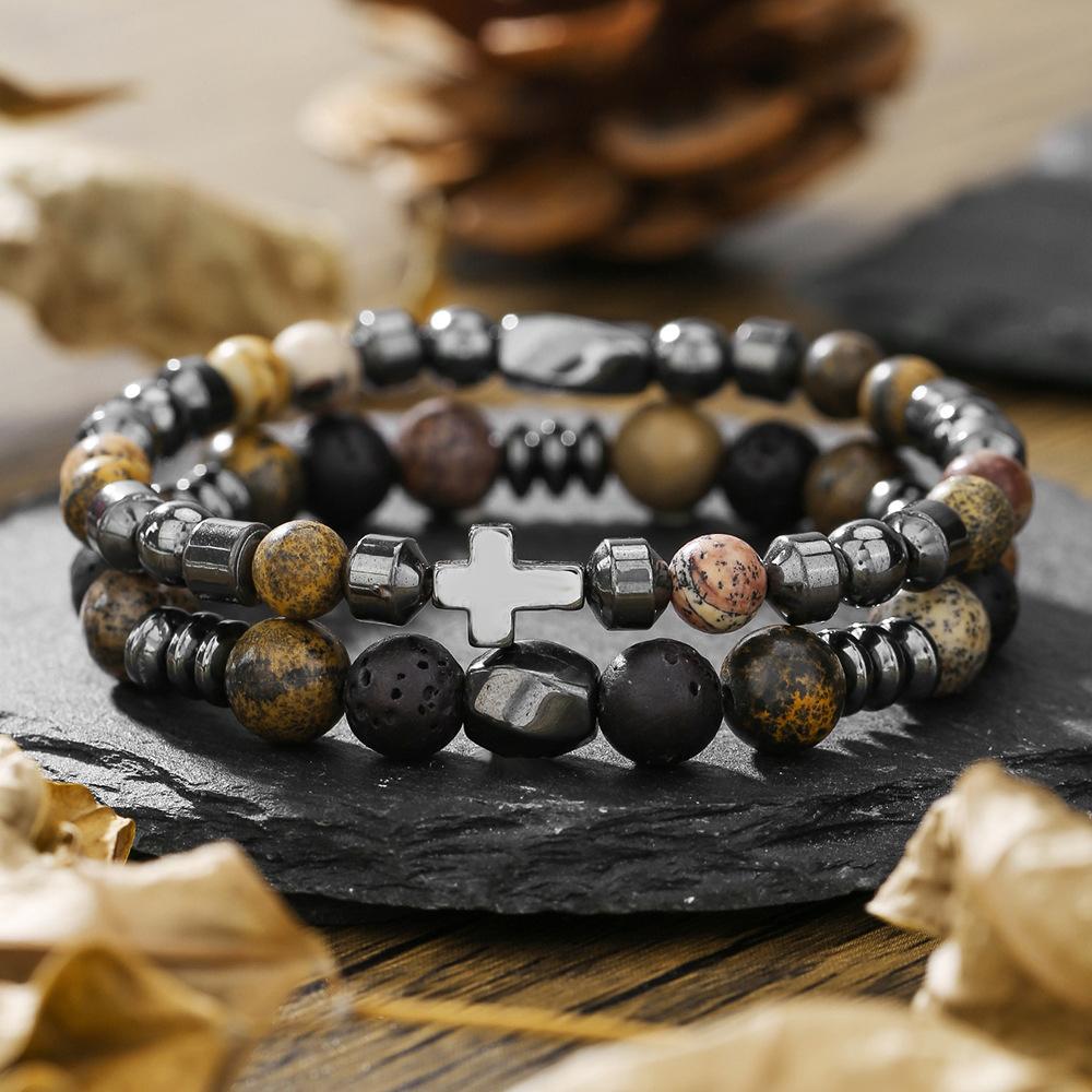 Браслет Набор браслетов с микроинкрустацией цирконами в виде кубиков, Популярный эластичный браслет из черного галтовки, Сила парня.