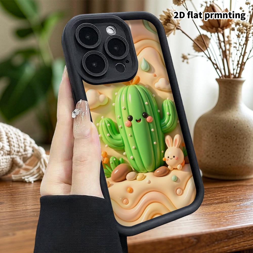 Phone Case: 2D flat design suitable for iPhone 18 17 16 15 14 13 Pro protective case, cactus and little rabbit, perfect Christmas and Halloween holida