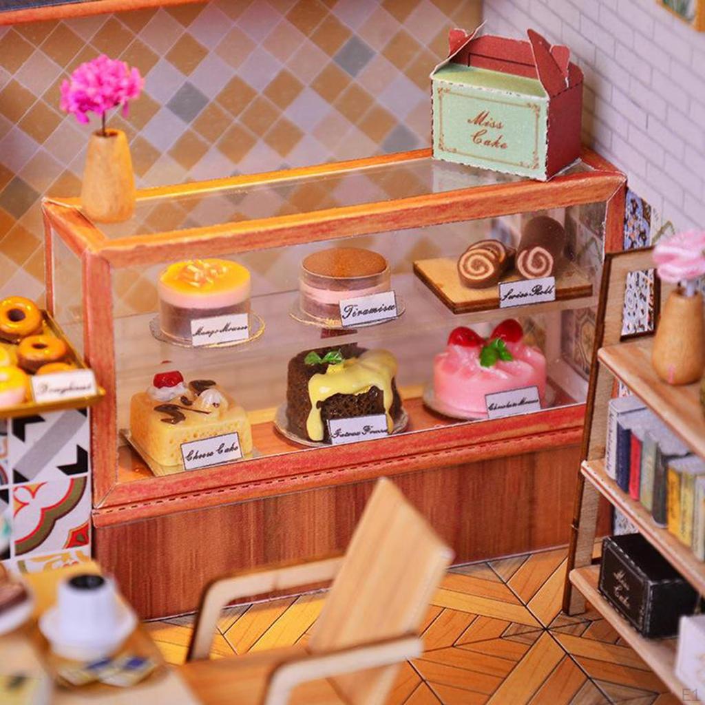 DIY 3D Dollhouse Wooden Miniature Furniture Kit Mini Coffee House with LED Lights Building Kits