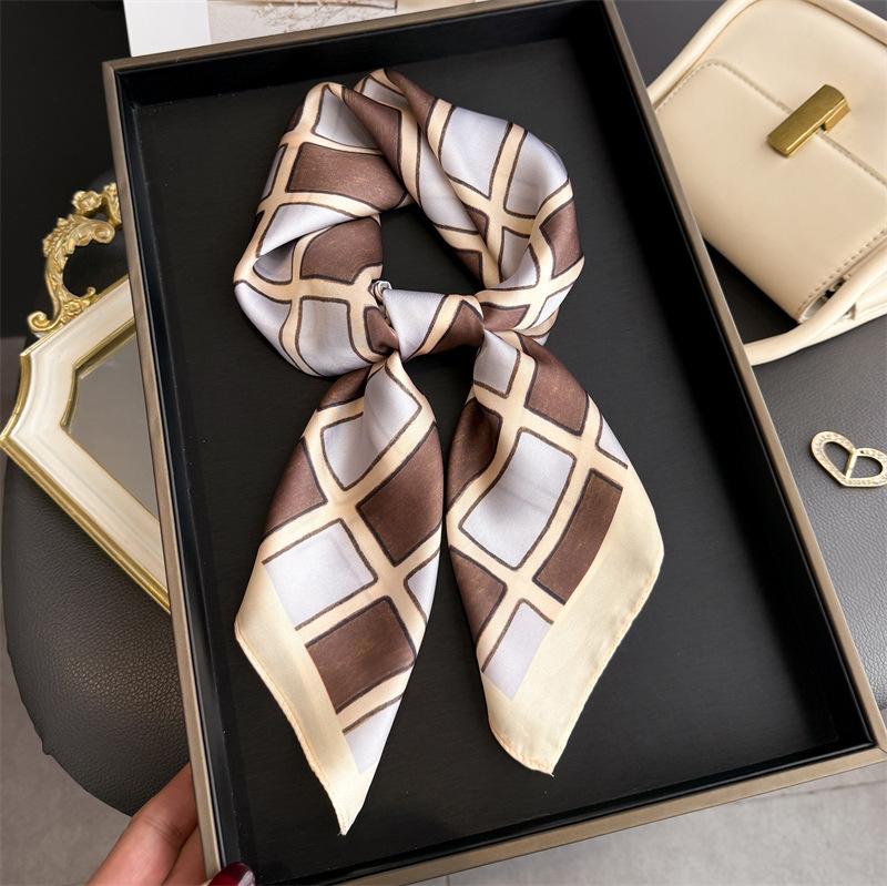 Luxury Block Printed Designer 70Cm Square Silk Women'S Scarf Satin Scarves Fashion Shawl Headscarf Headband Bandana Hijab Wrap