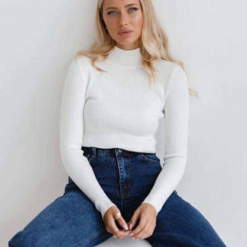Женский осенне-зимний однотонный свитер с высоким воротником и длинными рукавами, облегающие вязаные топы