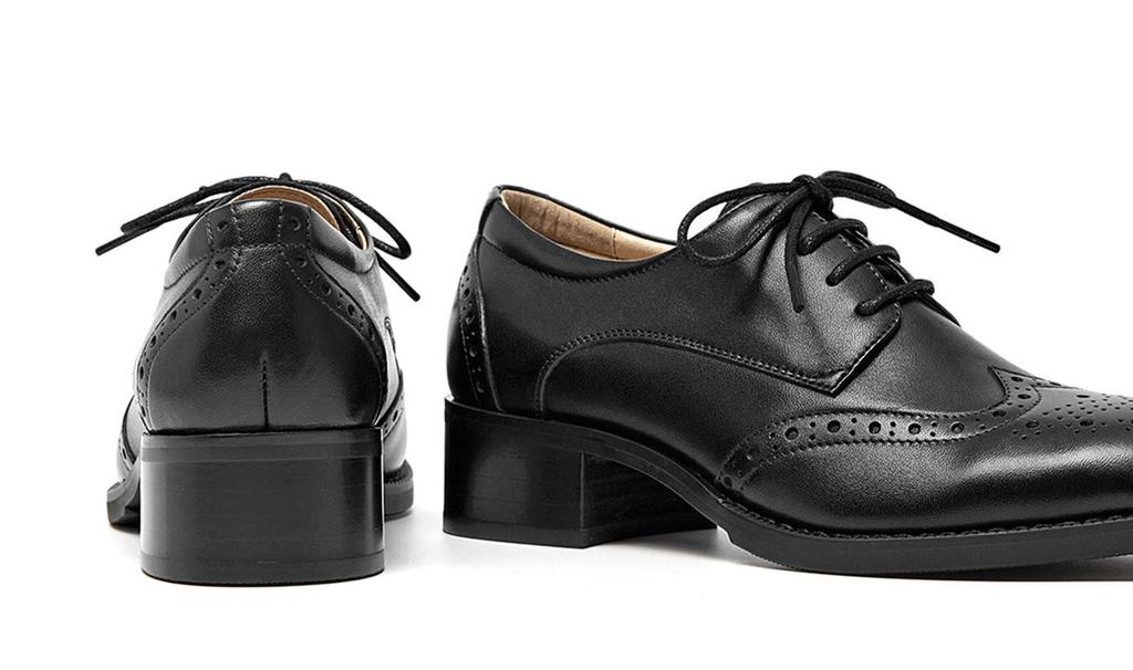 Оригинальные Толстые Оксфорды [ZUYEE] Женские Туфли на Шнуровке, Кожа, Броги, Каблук, Обувь, Для Поездок на Работу, Черный, 23.0 см