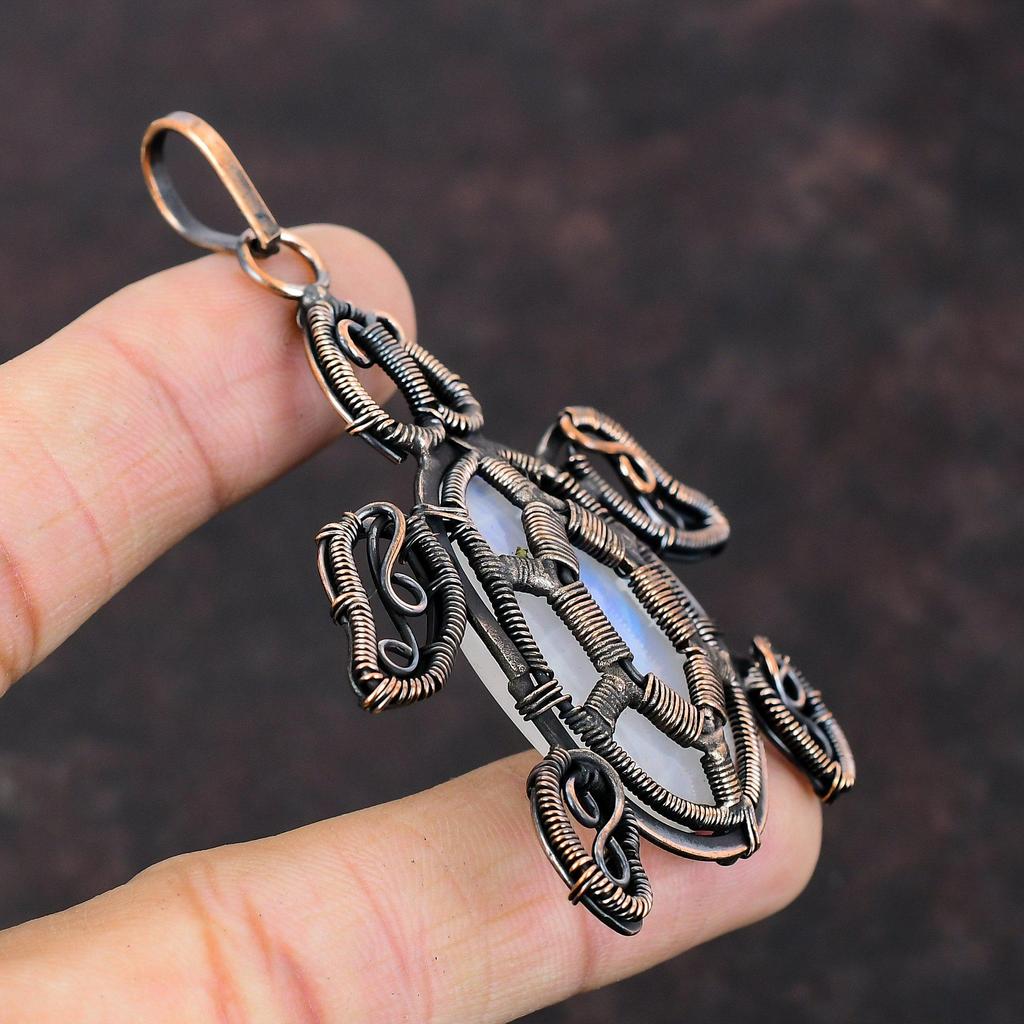 Радужный кулон с лунным камнем, медная проволока, обернутая кулоном, ювелирные изделия из драгоценных камней, кулон с черепахой ручной работы, уникальный медный дизайн, ювелирный подарок для женщин