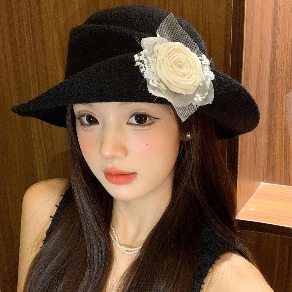 Floral Black Knitted Hat Lace Women Fisherman Hat Fashion Hepburn Style Topper Hat Wedding
