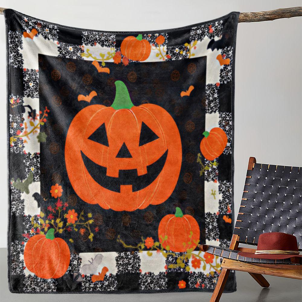Festive Pumpkin Bat Print Flannel Throw Blanket Soft Lightweight Bed Sofa Cover, Cozy Autumn Halloween Decorative Home Decor for Living Room