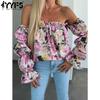 YYFS Женская Мода Повседневные Летние Весенние Блузки и Рубашки с Цветочным Принтом, Длинный Рукав, на Одно Плечо